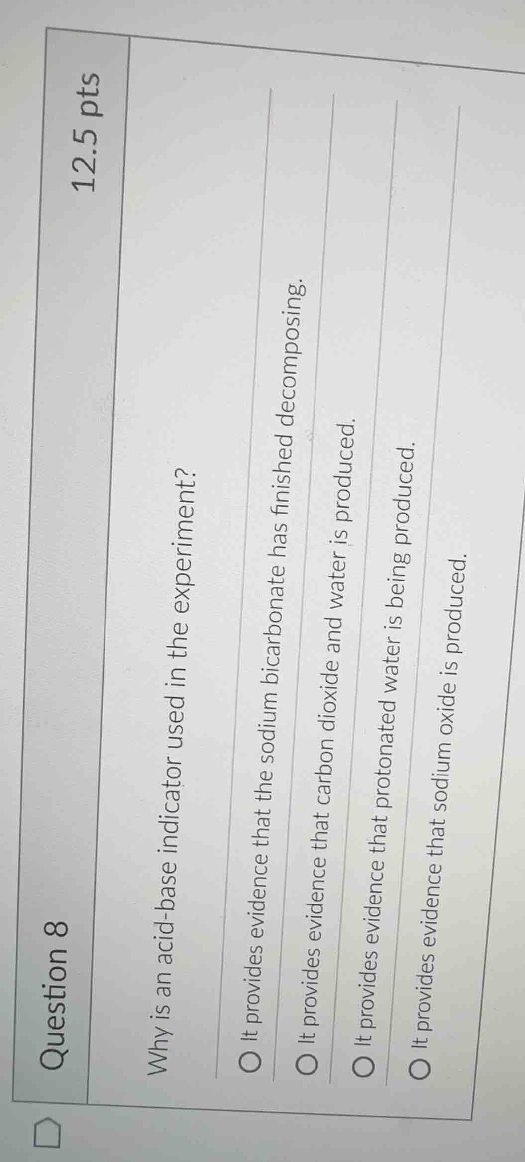 question 8 12.5 pts why is an acid - base indicator used in the experim…
