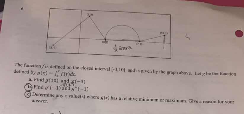 the function ( f ) is defined on the closed interval (-3,10) and is giv…