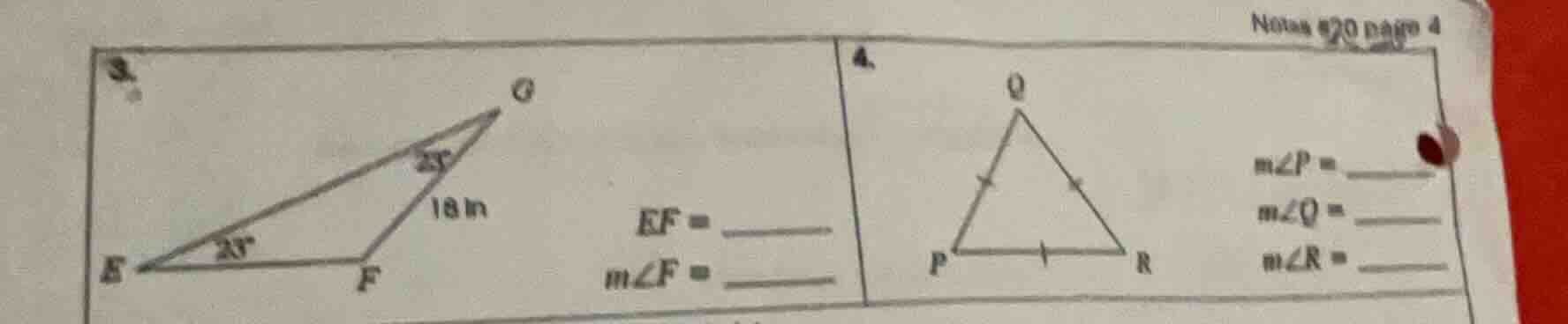3. e f g triangle, angle at e is 25°, angle at g is 25°, side gf is 18 …