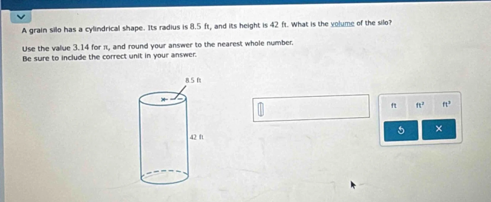 a grain silo has a cylindrical shape. its radius is 8.5 ft, and its hei…