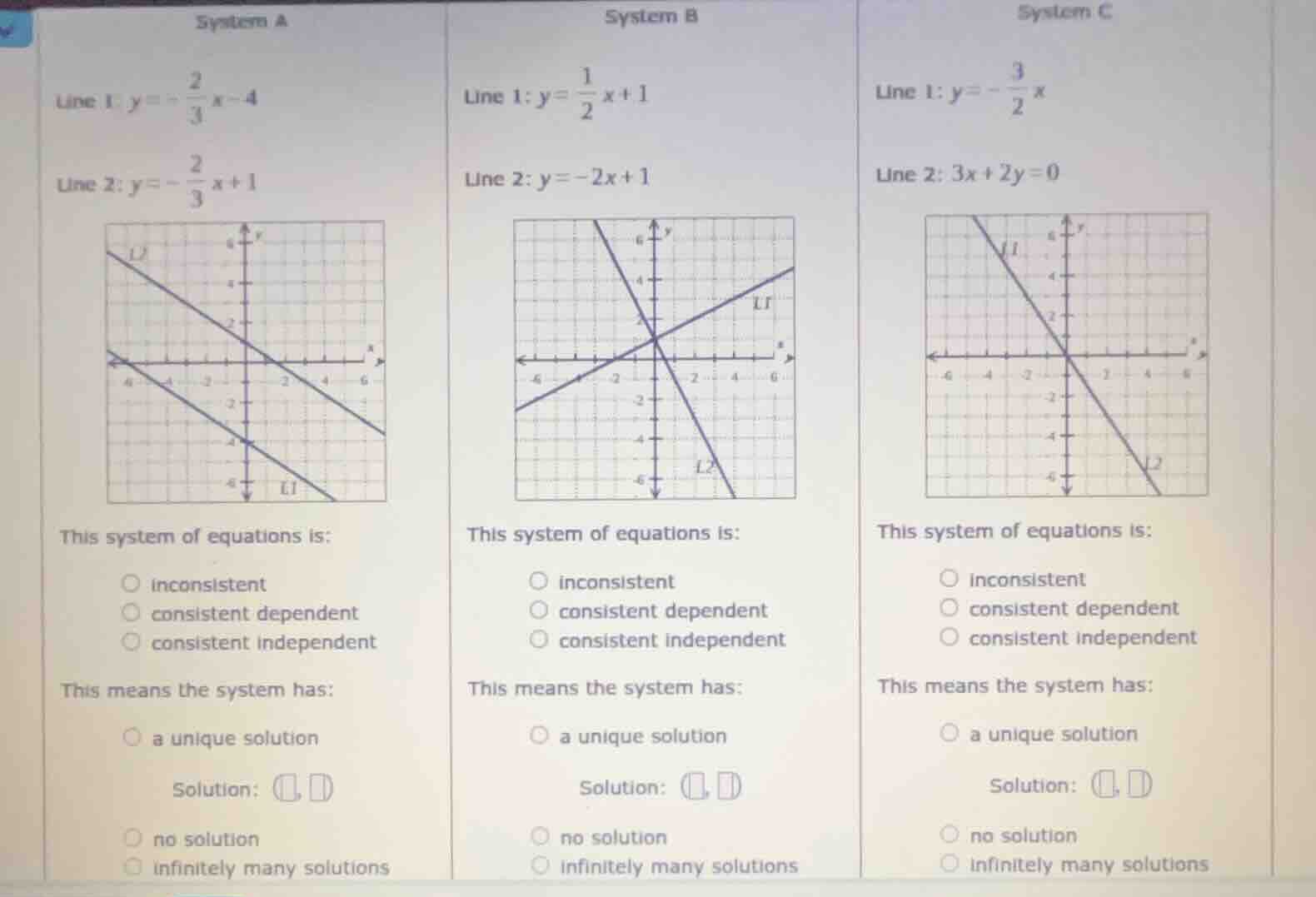 system a line 1: $y = -\frac{2}{3}x - 4$ line 2: $y = -\frac{2}{3}x + 1…