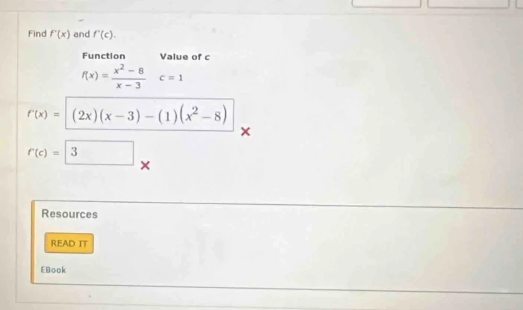 find $f(x)$ and $f(c)$. function: $f(x) = \\frac{x^2 - 8}{x - 3}$, valu…