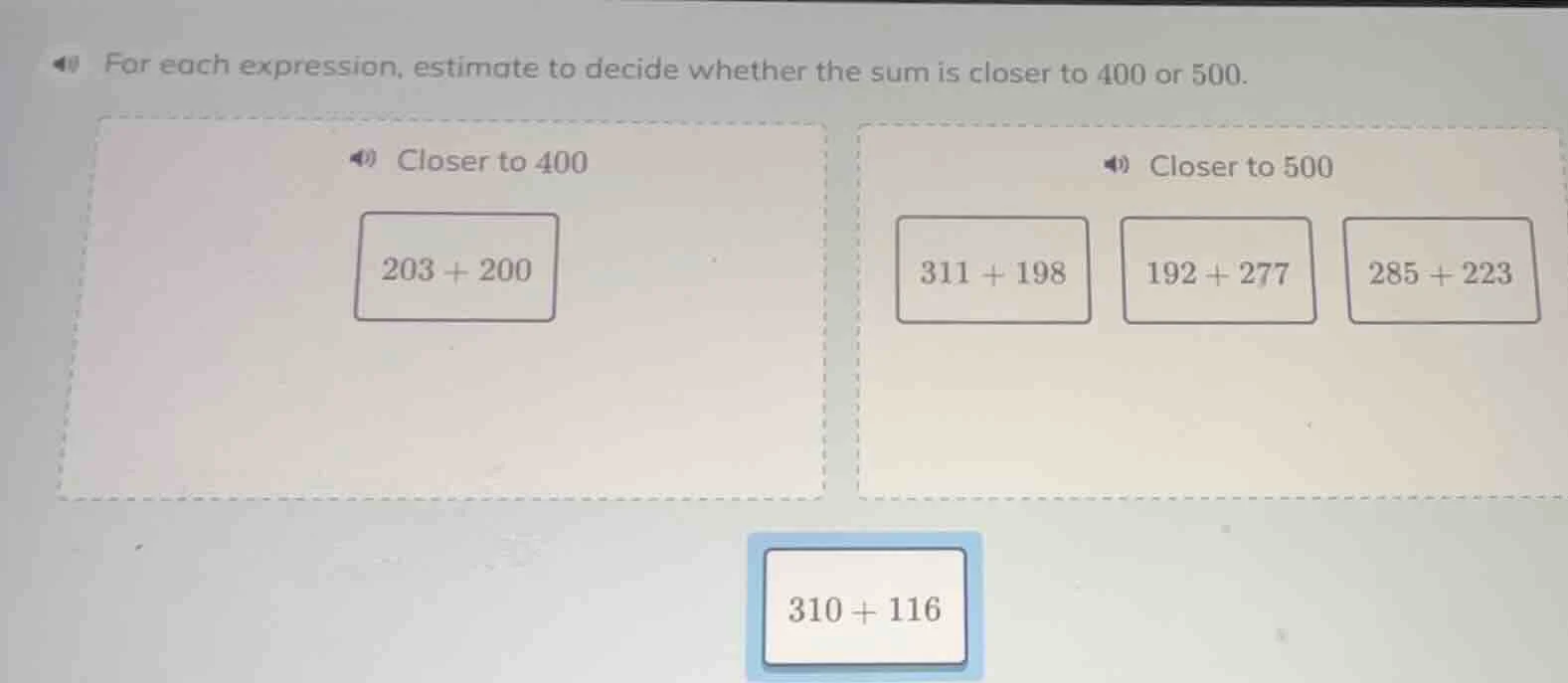 for each expression, estimate to decide whether the sum is closer to 40…