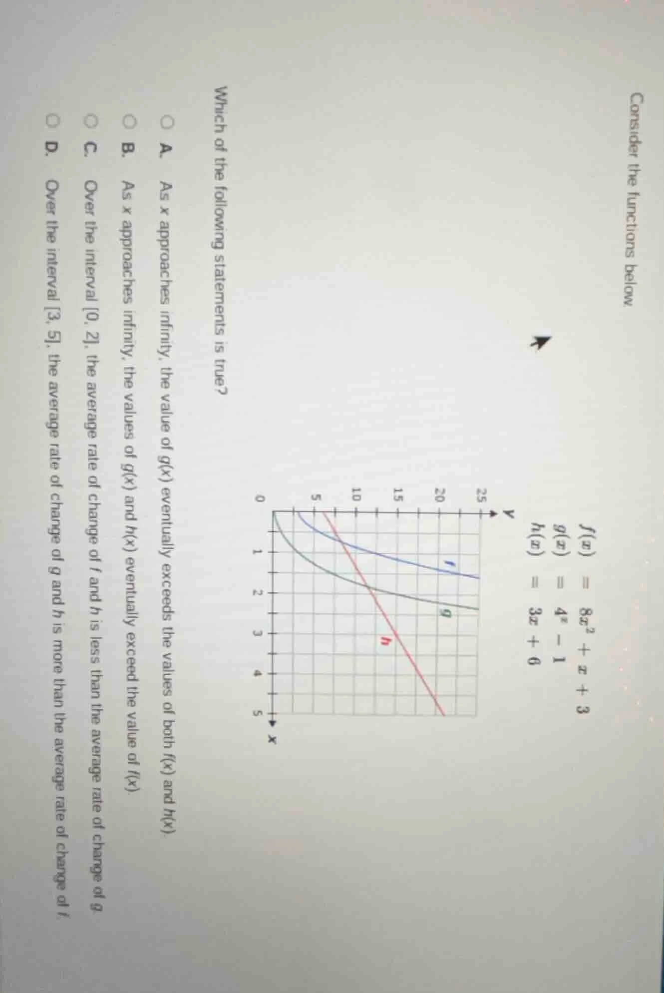 consider the functions below $f(x) = 8x^2 + x + 3$ $g(x) = 4^x - 1$ $h(…