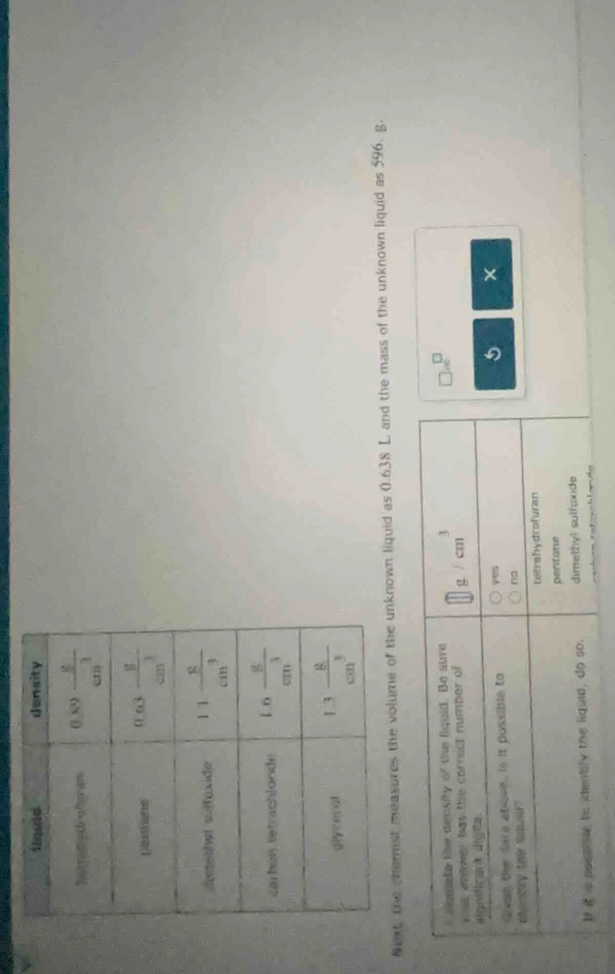 density table (partially visible) with liquids and their densities in g…