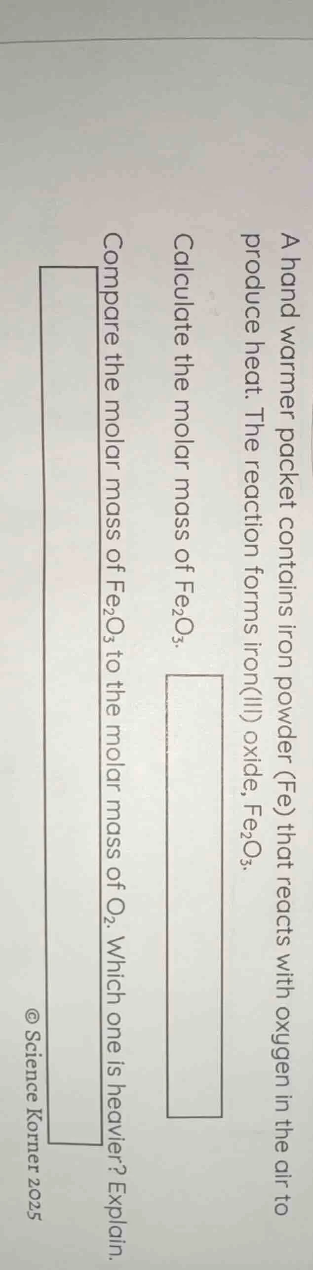 a hand warmer packet contains iron powder (fe) that reacts with oxygen …