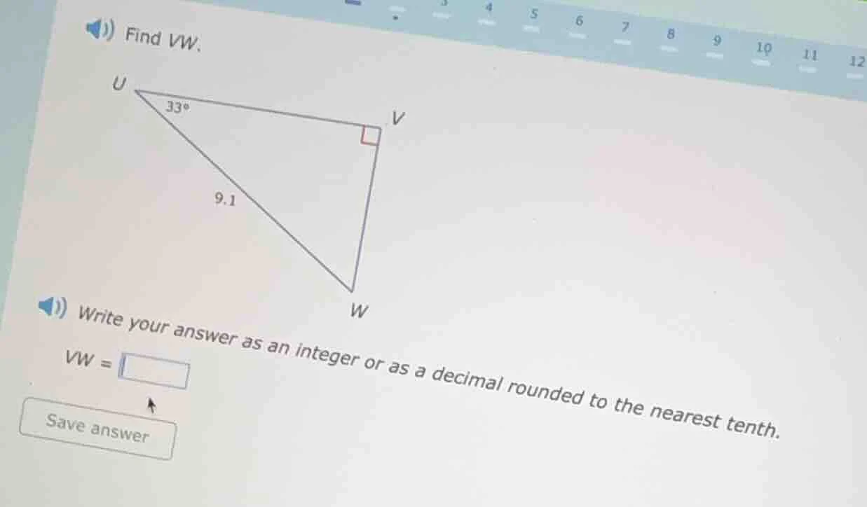 find vw. write your answer as an integer or as a decimal rounded to the…