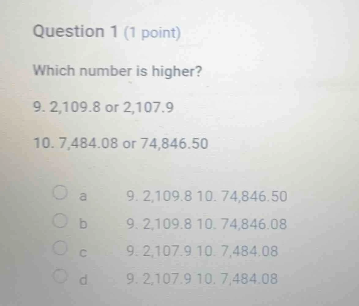 question 1 (1 point) which number is higher? 9. 2,109.8 or 2,107.9 10. …