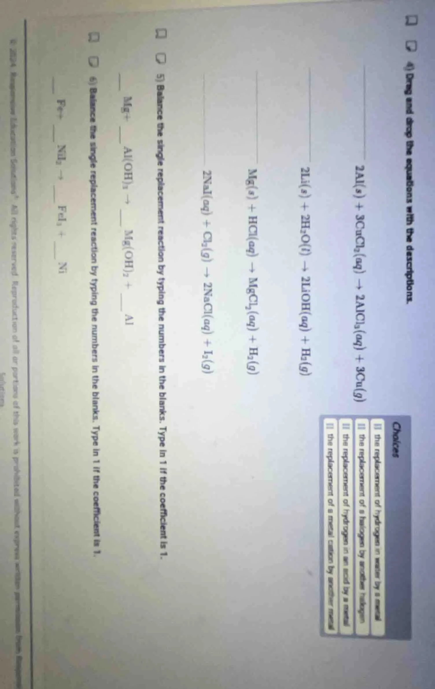 4) drag and drop the equations with the descriptions. 2al(s) + 3cucl₂(a…