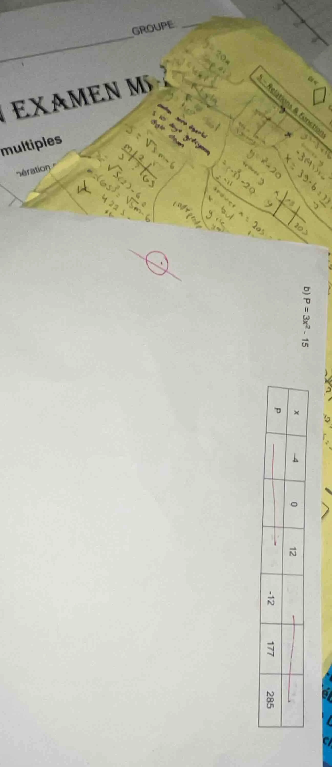 b) $p = 3x^2 - 15$ | x | p | |----|----| | 4 | | | 0 | | | 12 | | | | -…