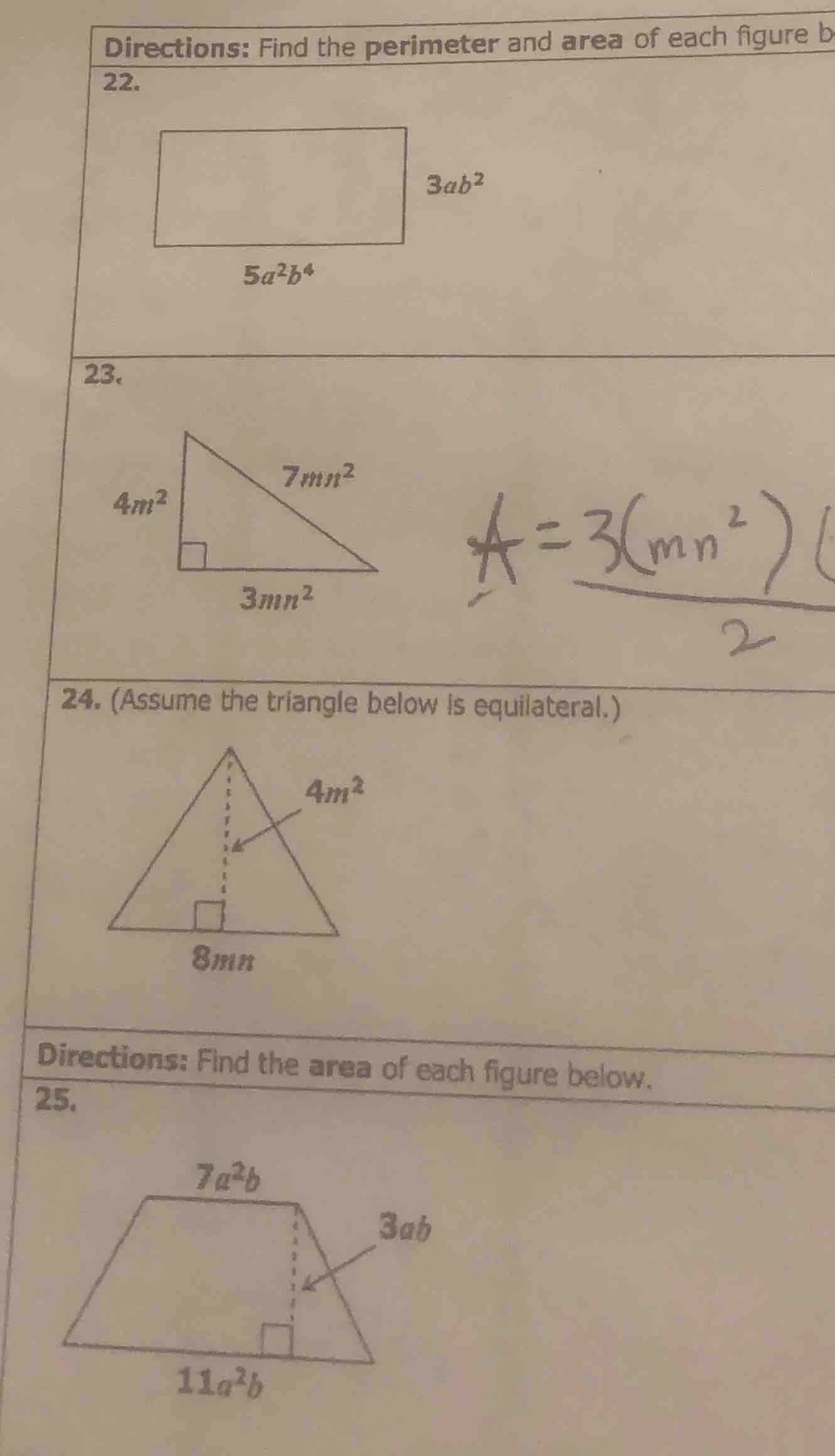 directions: find the perimeter and area of each figure b 22. 3ab² 5a²b⁴…
