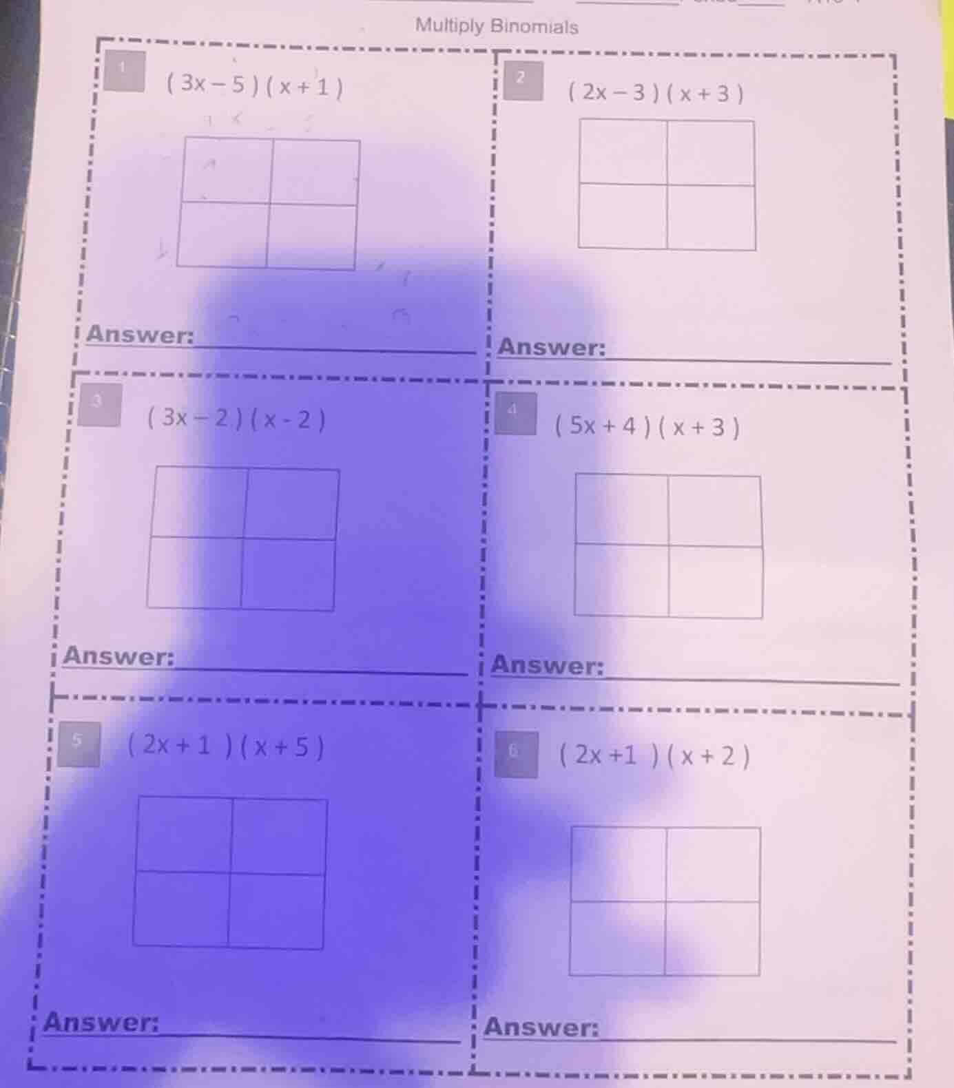 multiply binomials 1 ( 3x−5 )( x+1 ) answer: 2 ( 2x−3 )( x+3 ) answer: …
