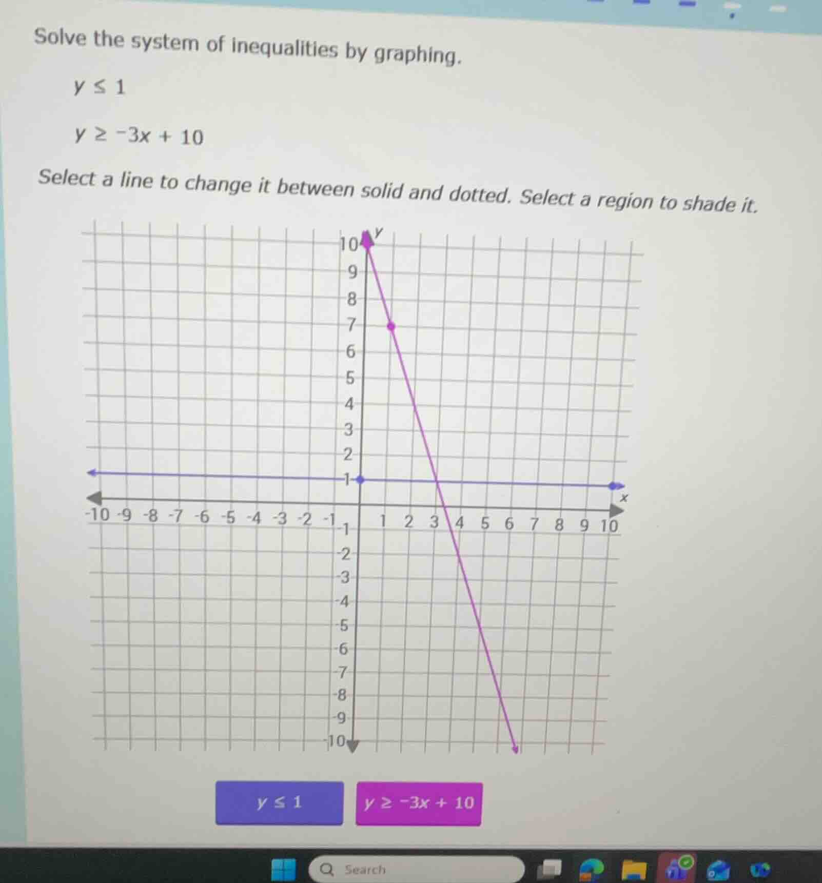 solve the system of inequalities by graphing. $y \\leq 1$ $y \\geq -3x …