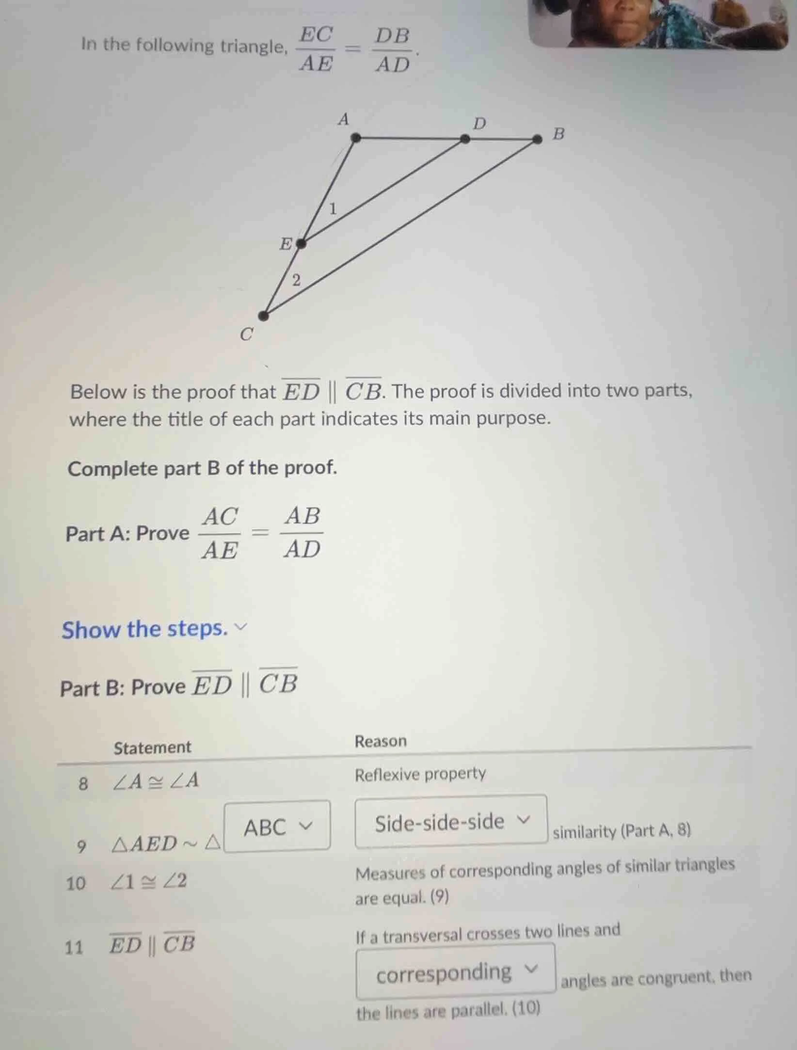 in the following triangle, \\(\\frac{ec}{ae} = \\frac{db}{ad}\\). below…