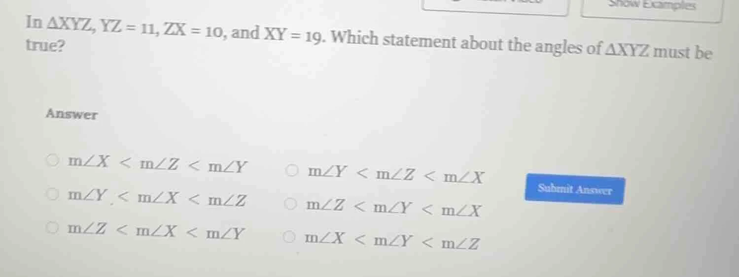 in $\\triangle xyz$, $yz = 11$, $zx = 10$, and $xy = 19$. which stateme…