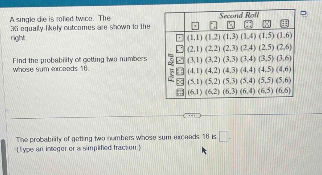a single die is rolled twice. the 36 equally - likely outcomes are show…