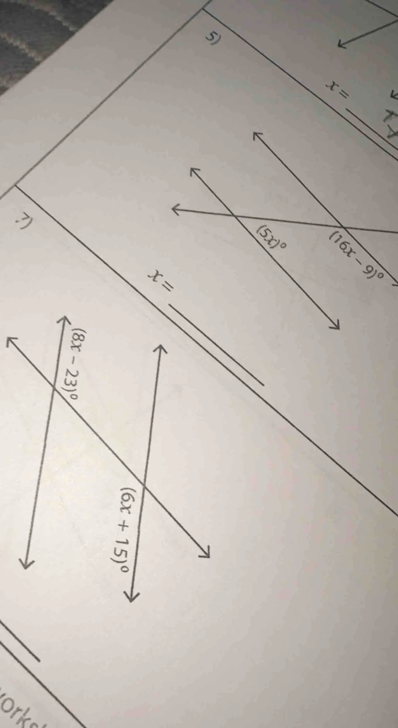 7) \\( x = \\) \\( (5x)\\degree \\) \\( (16x - 9)\\degree \\) \\( (8x -…