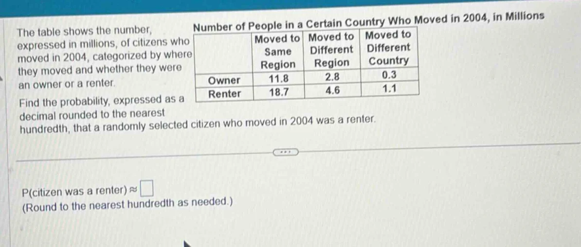 the table shows the number, expressed in millions, of citizens who move…