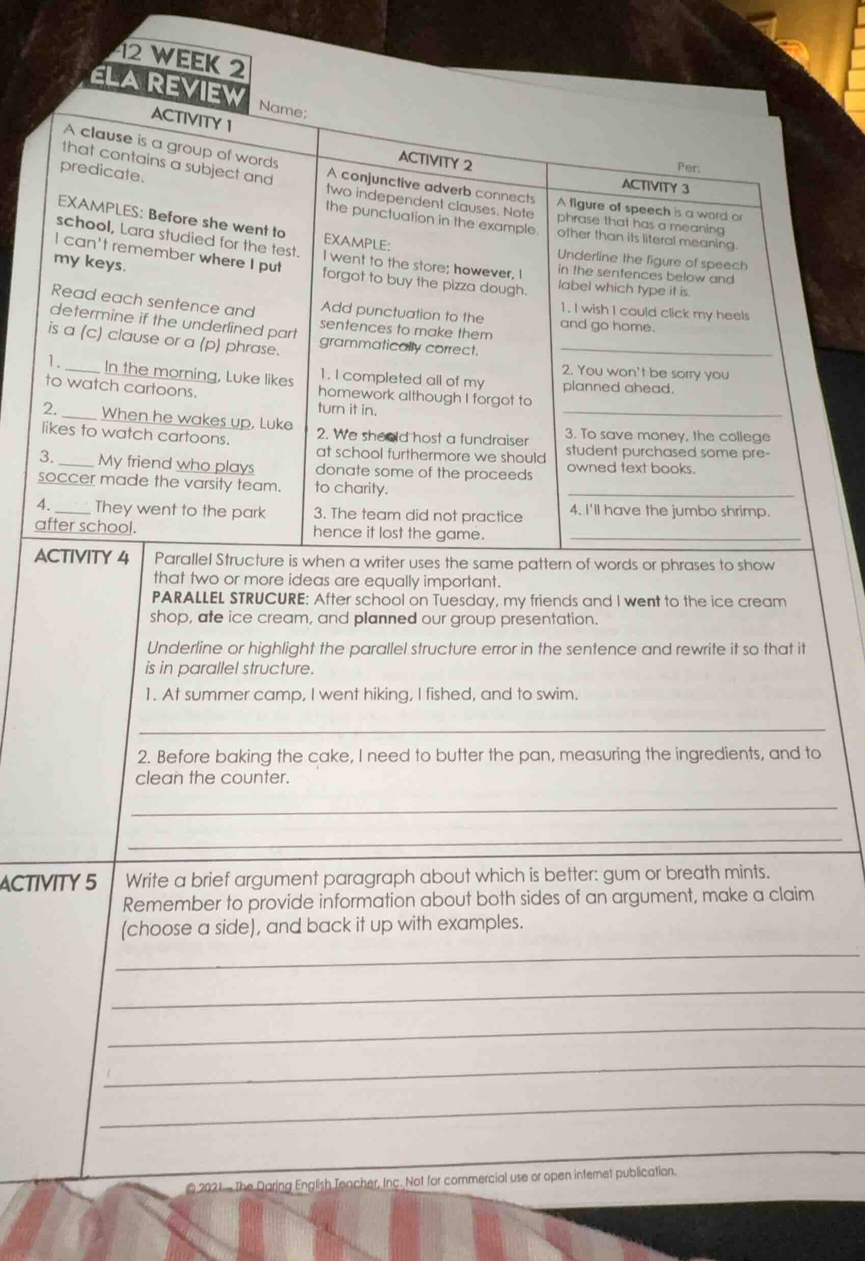 12 week 2 ela review name: per: activity 1 a clause is a group of words…