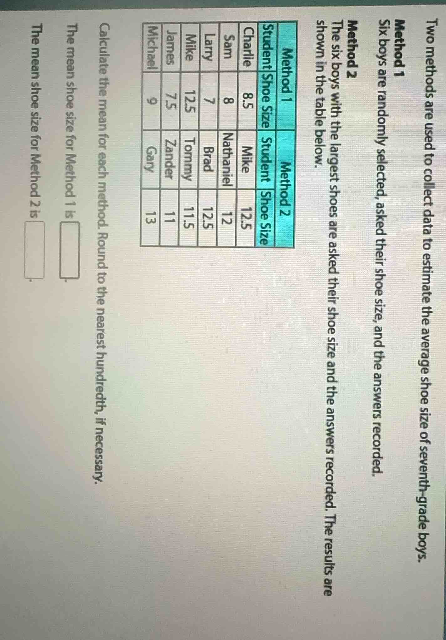two methods are used to collect data to estimate the average shoe size …