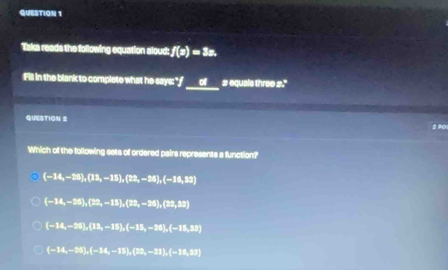 question 1 taka reads the following equation aloud: $f(x) = 3x$. fill i…