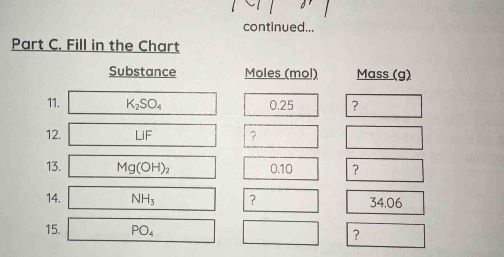 continued... part c. fill in the chart substance\tmoles (mol)\tmass (g)…