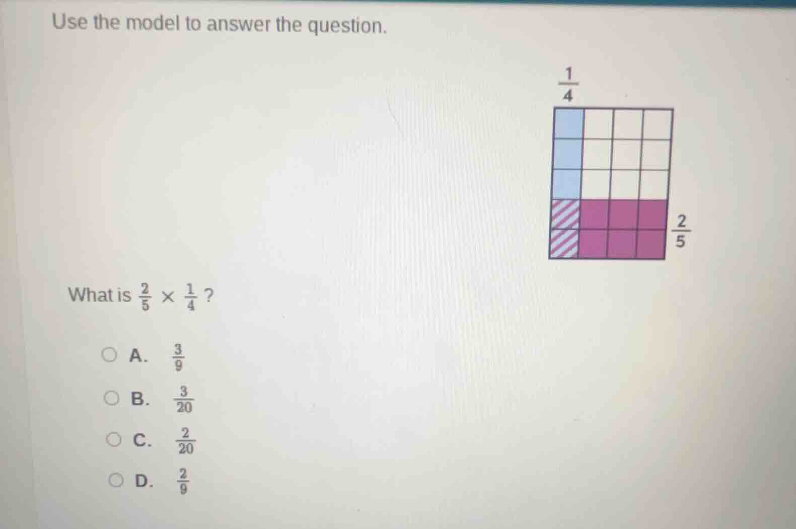 use the model to answer the question. what is $\frac{2}{5} \times \frac…
