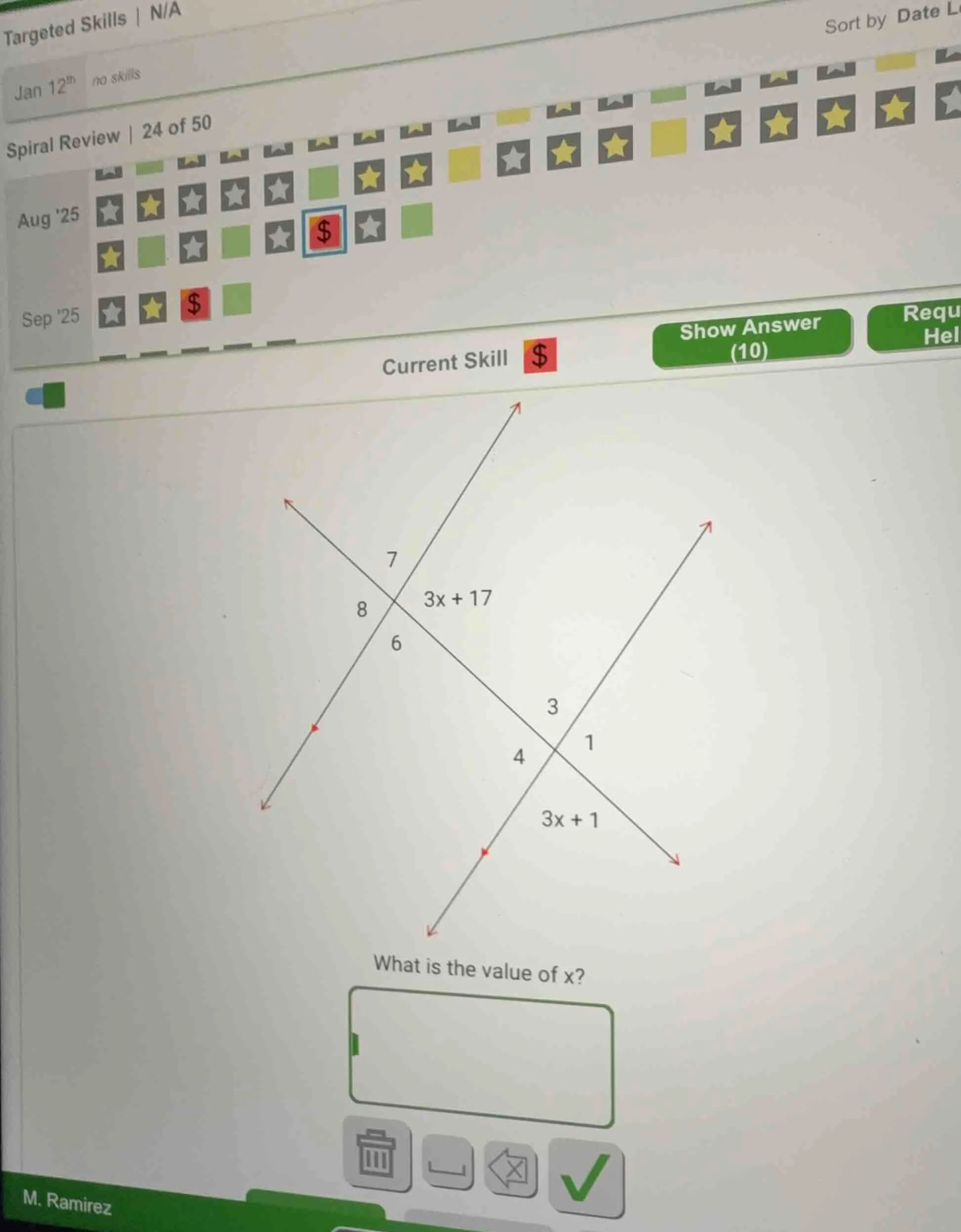 what is the value of x? (the image shows intersecting lines with angle …