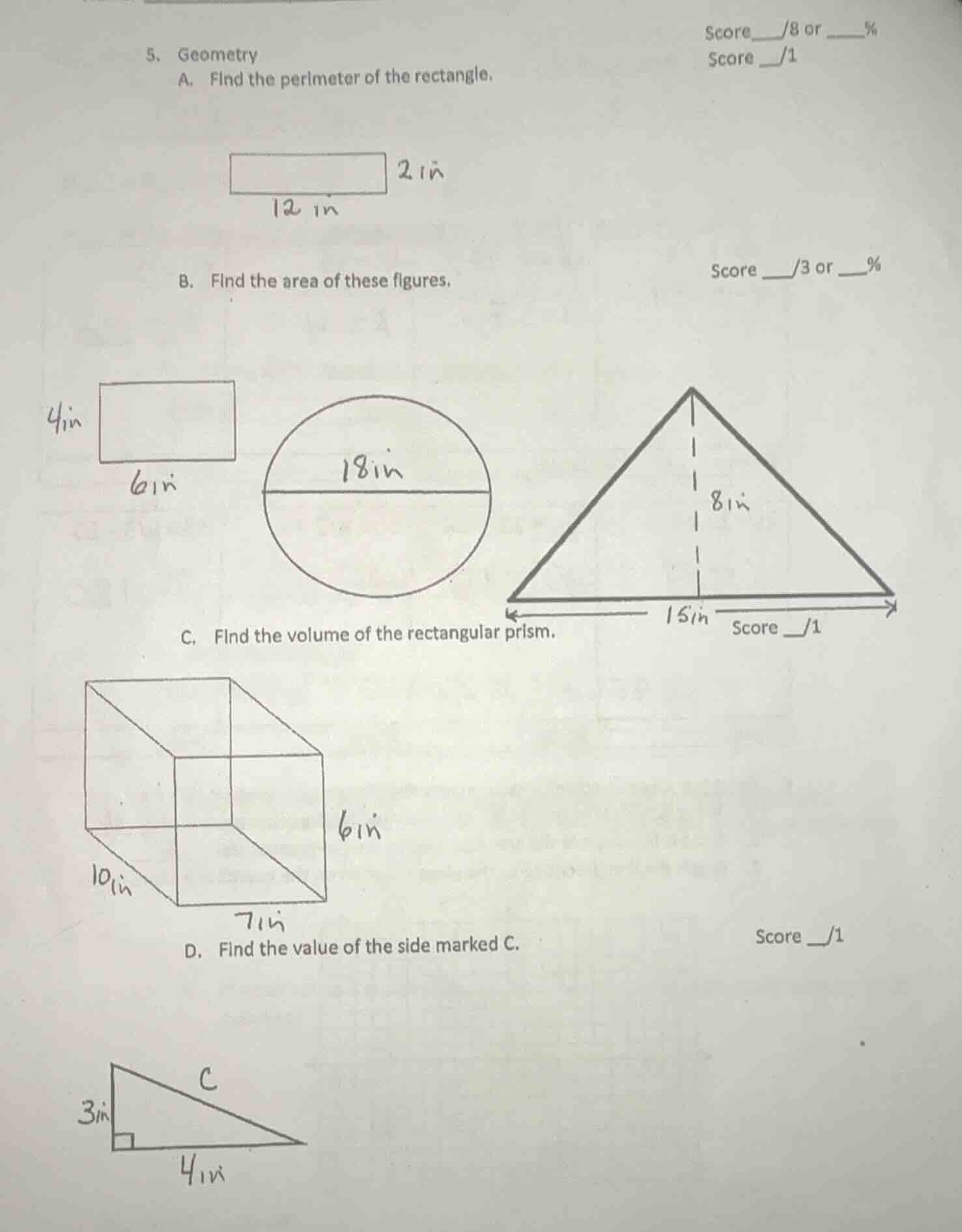 5. geometry a. find the perimeter of the rectangle. 12 in 2 in b. find …