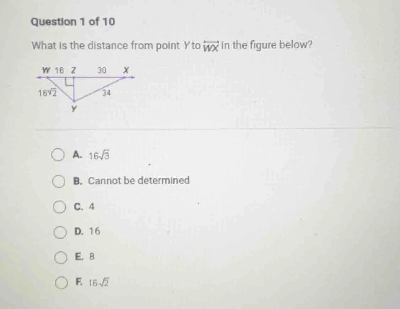 question 1 of 10 what is the distance from point y to \\(\\overleftrigh…