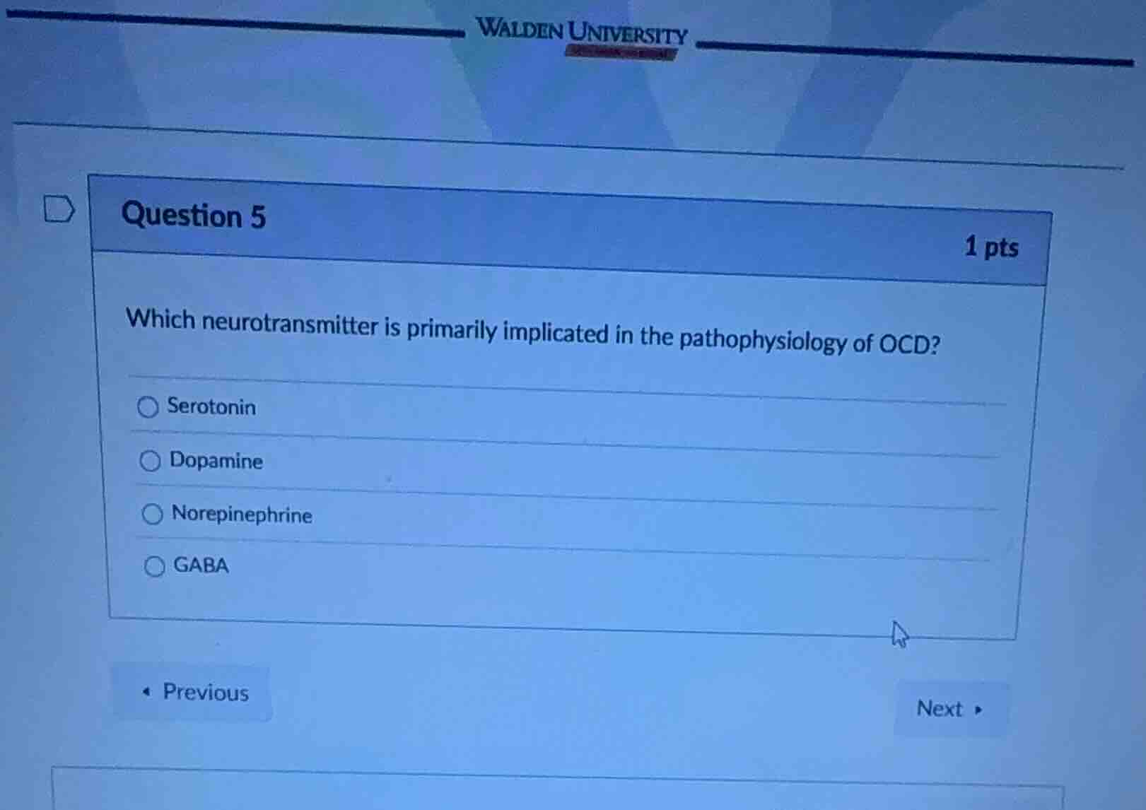 question 5 1 pts which neurotransmitter is primarily implicated in the …