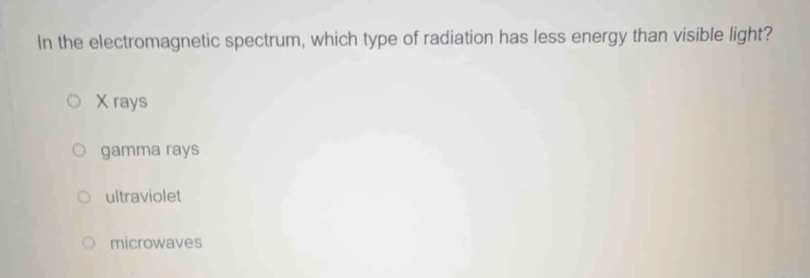 in the electromagnetic spectrum, which type of radiation has less energ…