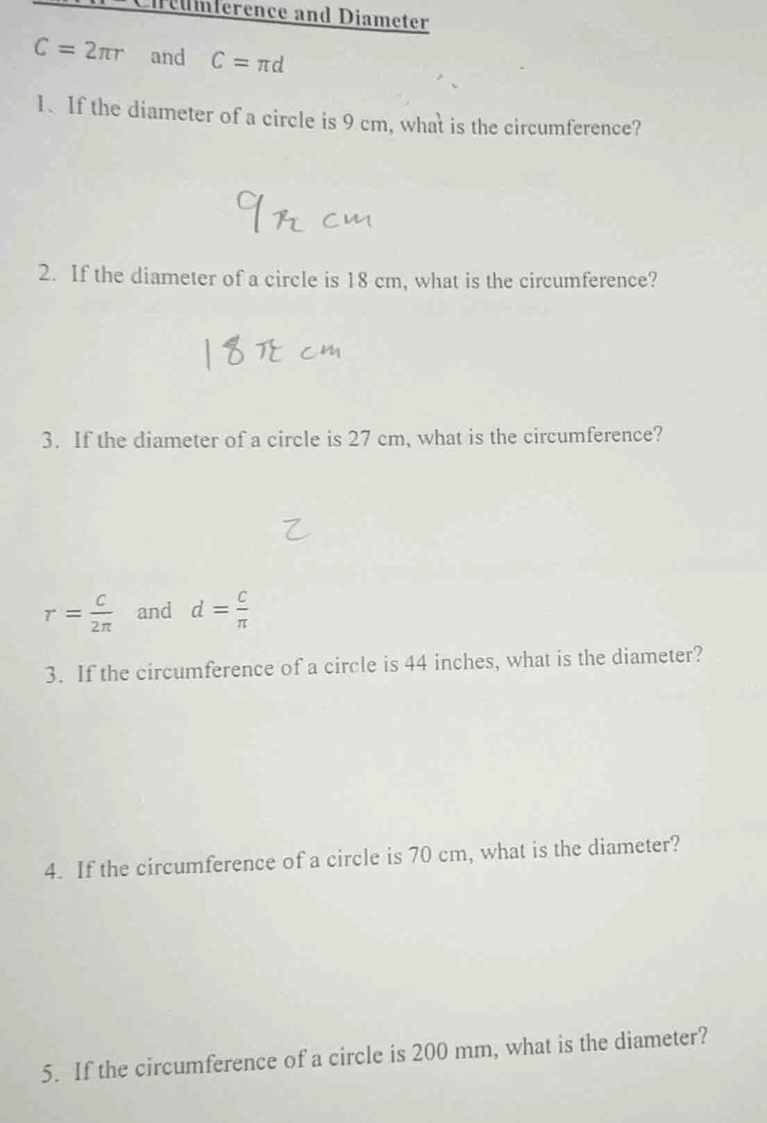 circumference and diameter $c = 2\\pi r$ and $c = \\pi d$ 1. if the dia…
