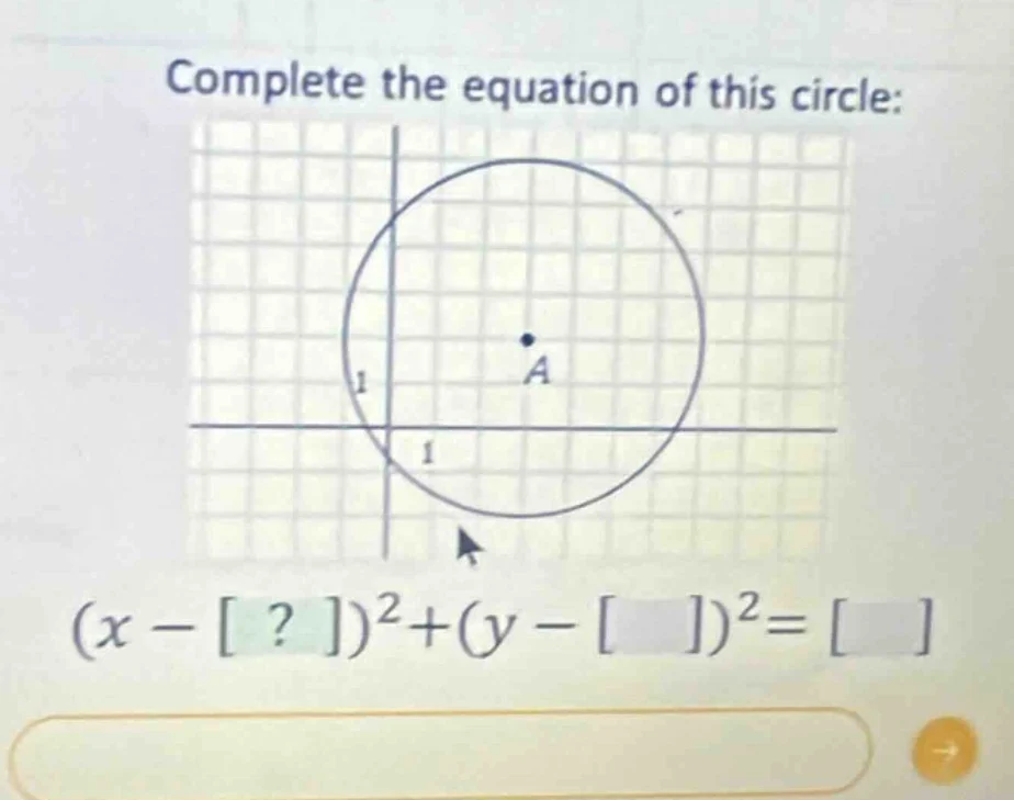 complete the equation of this circle: $(x - ?)^2 + (y - \\quad)^2 = \\q…