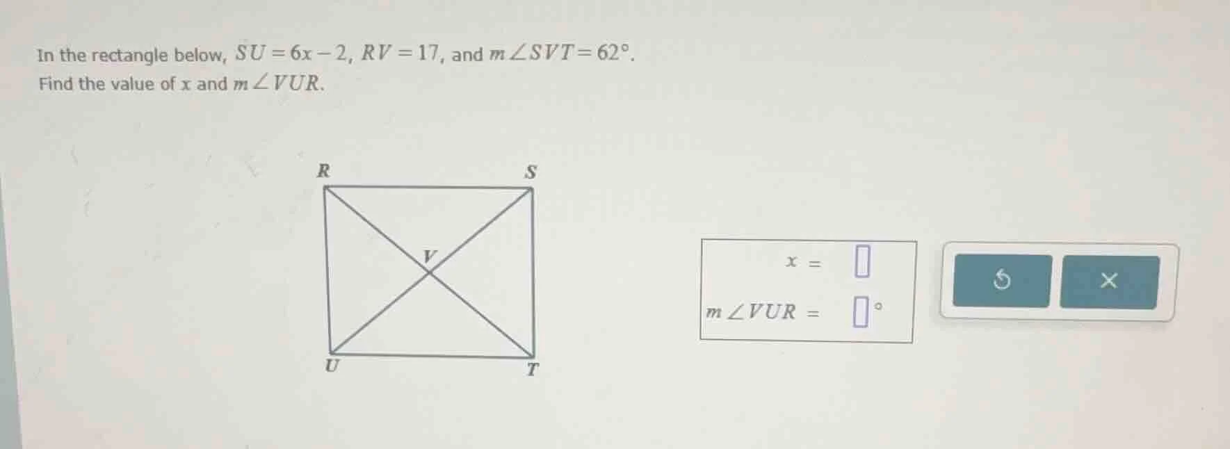 in the rectangle below, $su = 6x - 2$, $rv = 17$, and $m\\angle svt = 6…