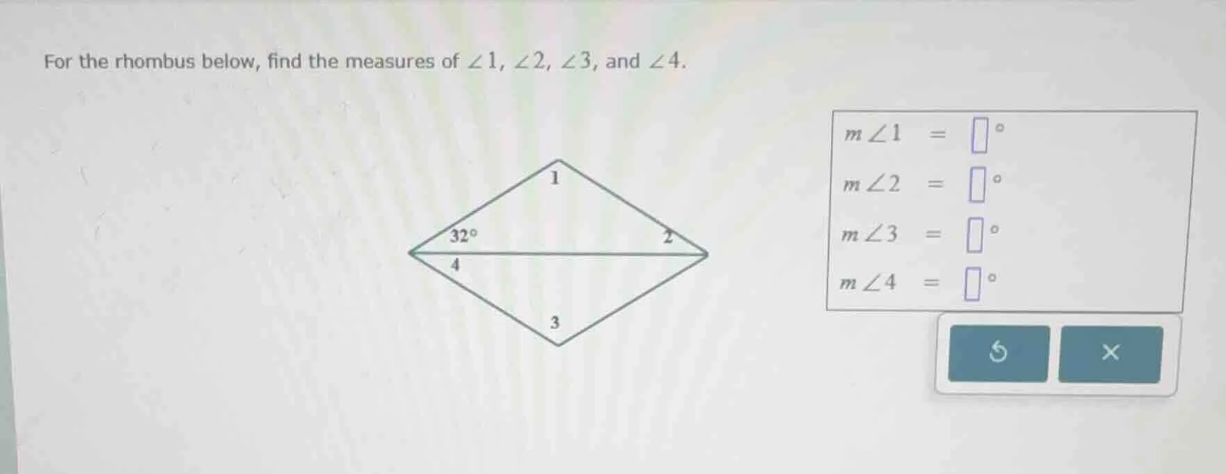 for the rhombus below, find the measures of $\\angle 1$, $\\angle 2$, $…