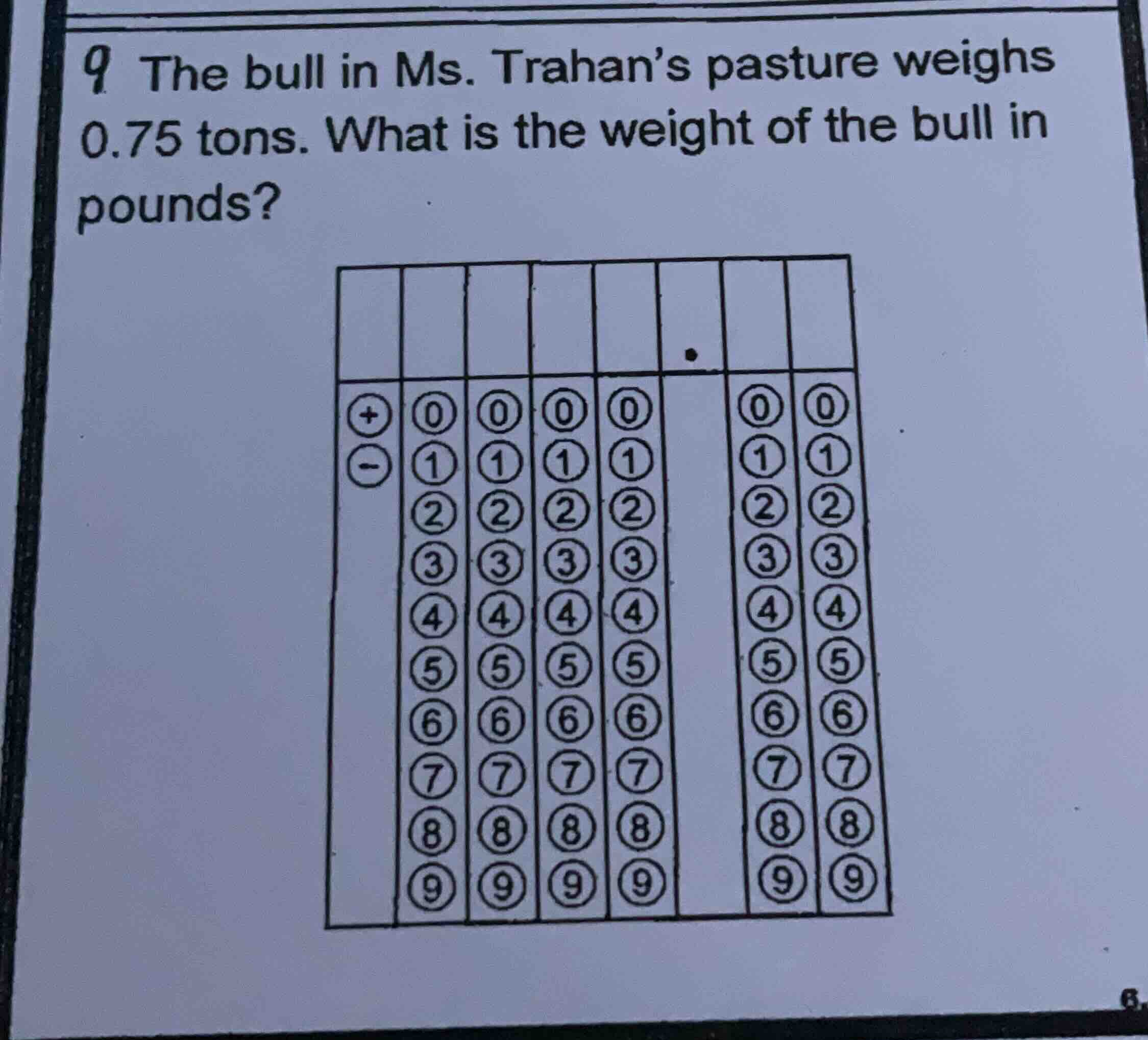 9 the bull in ms. trahan’s pasture weighs 0.75 tons. what is the weight…