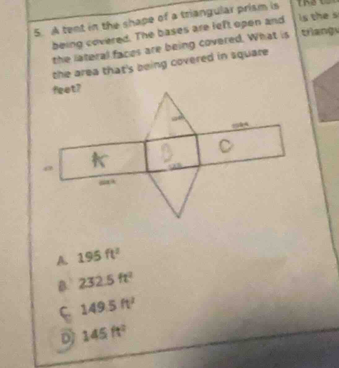 5. a tent in the shape of a triangular prism is being covered. the base…
