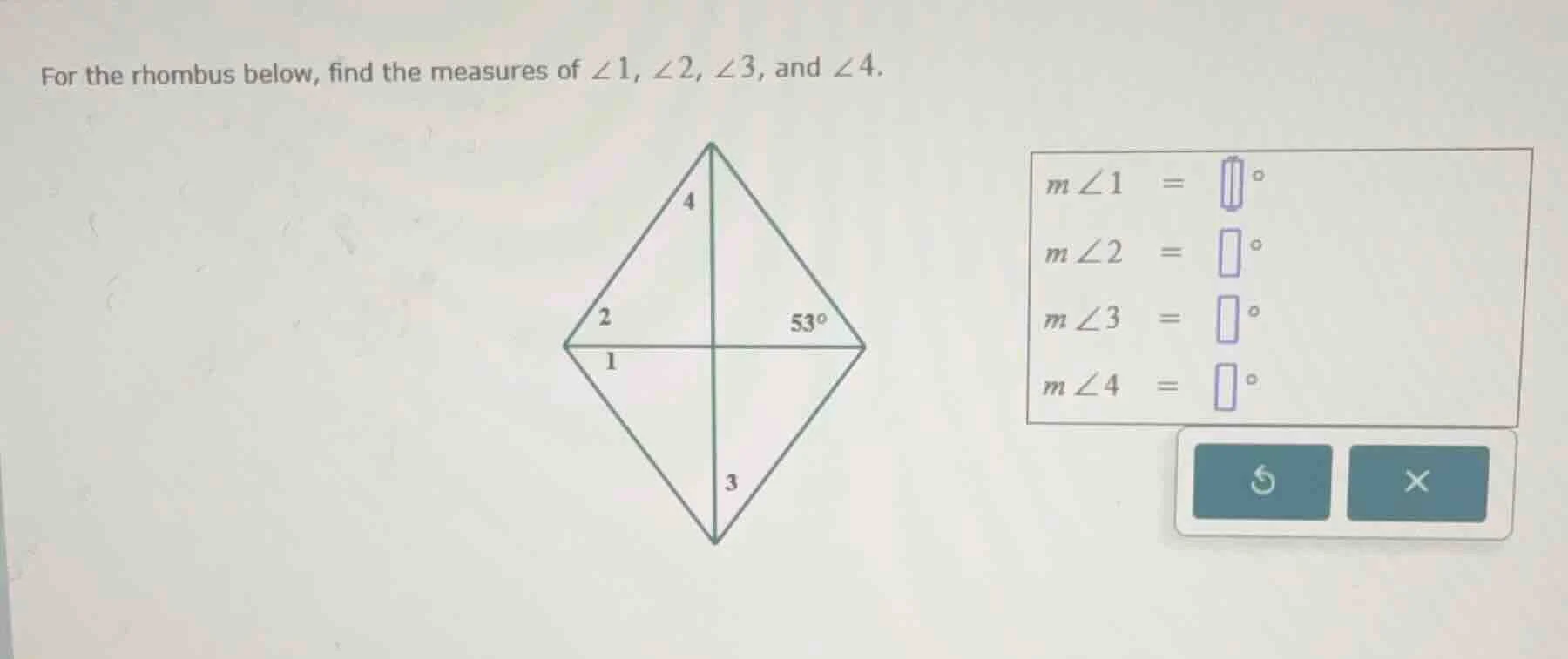 for the rhombus below, find the measures of $\\angle 1$, $\\angle 2$, $…