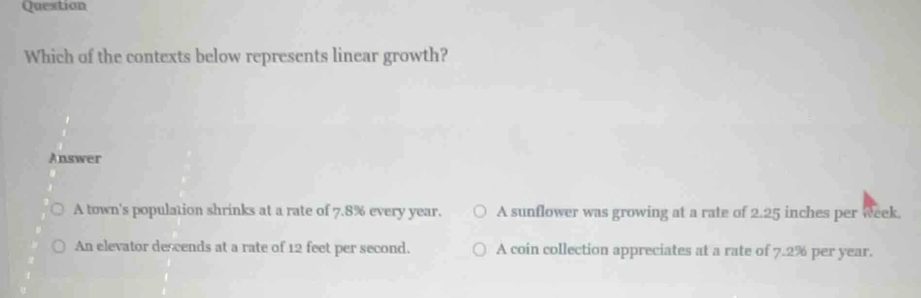 question which of the contexts below represents linear growth? answer ○…
