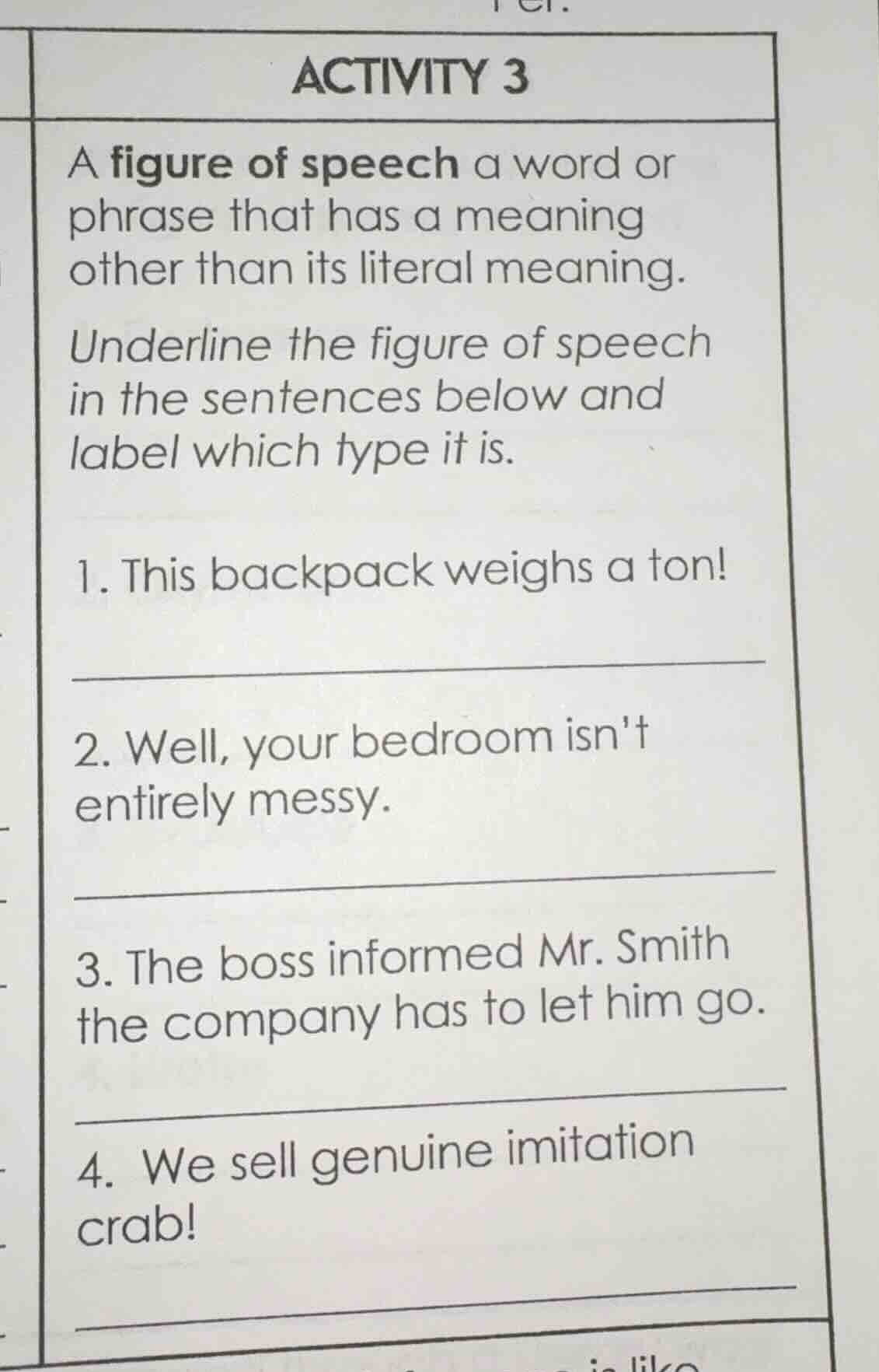 activity 3 a figure of speech a word or phrase that has a meaning other…