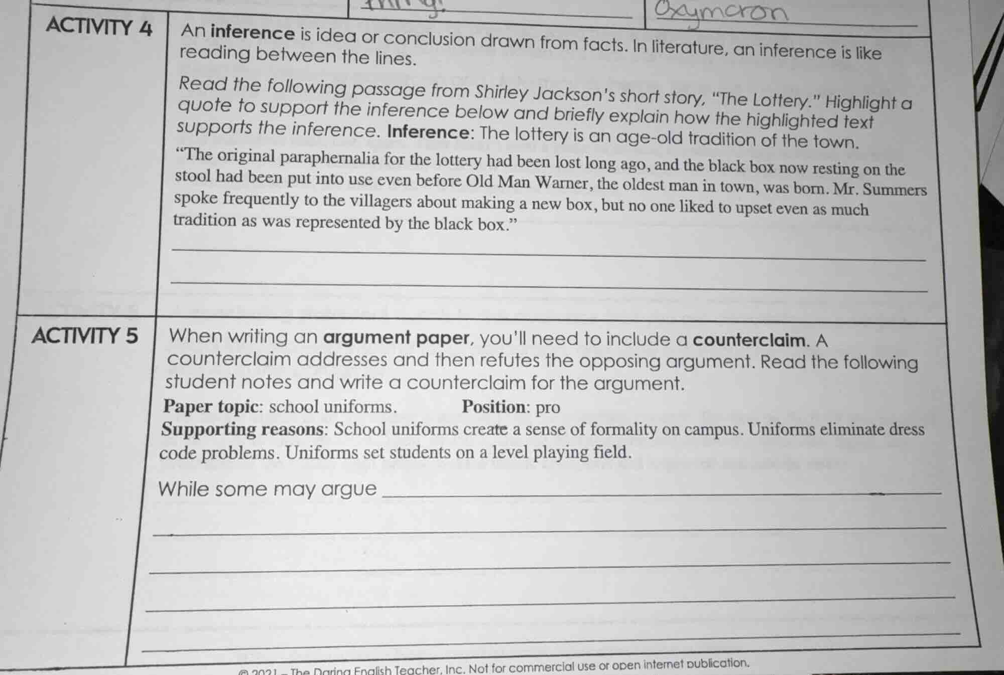 activity 4 an inference is idea or conclusion drawn from facts. in lite…
