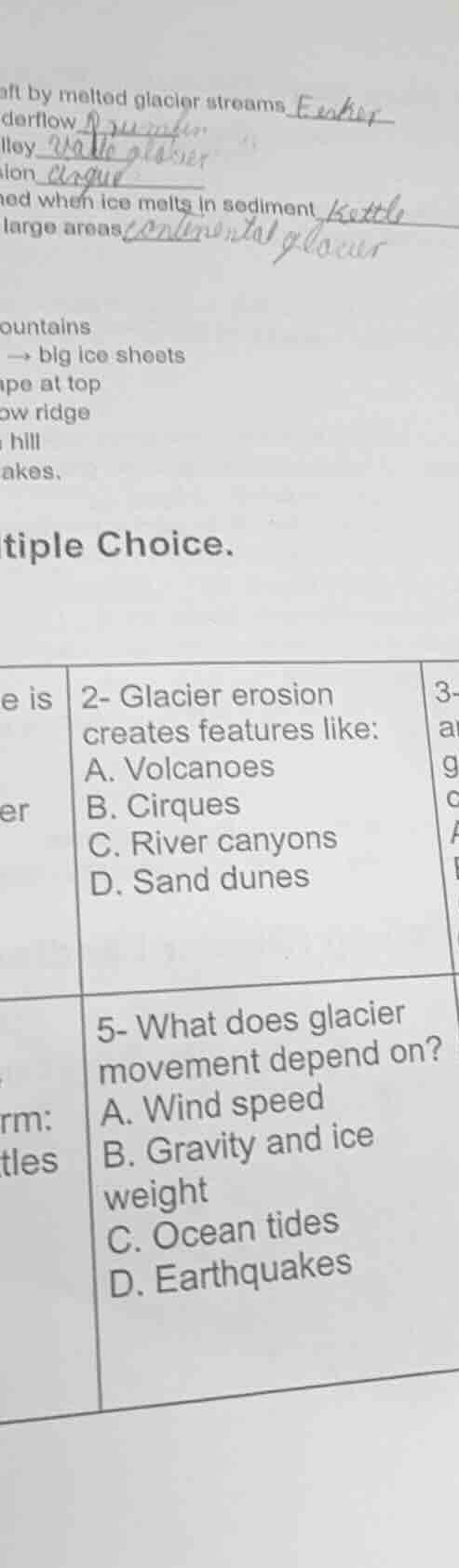 tiple choice. 2- glacier erosion creates features like: a. volcanoes b.…