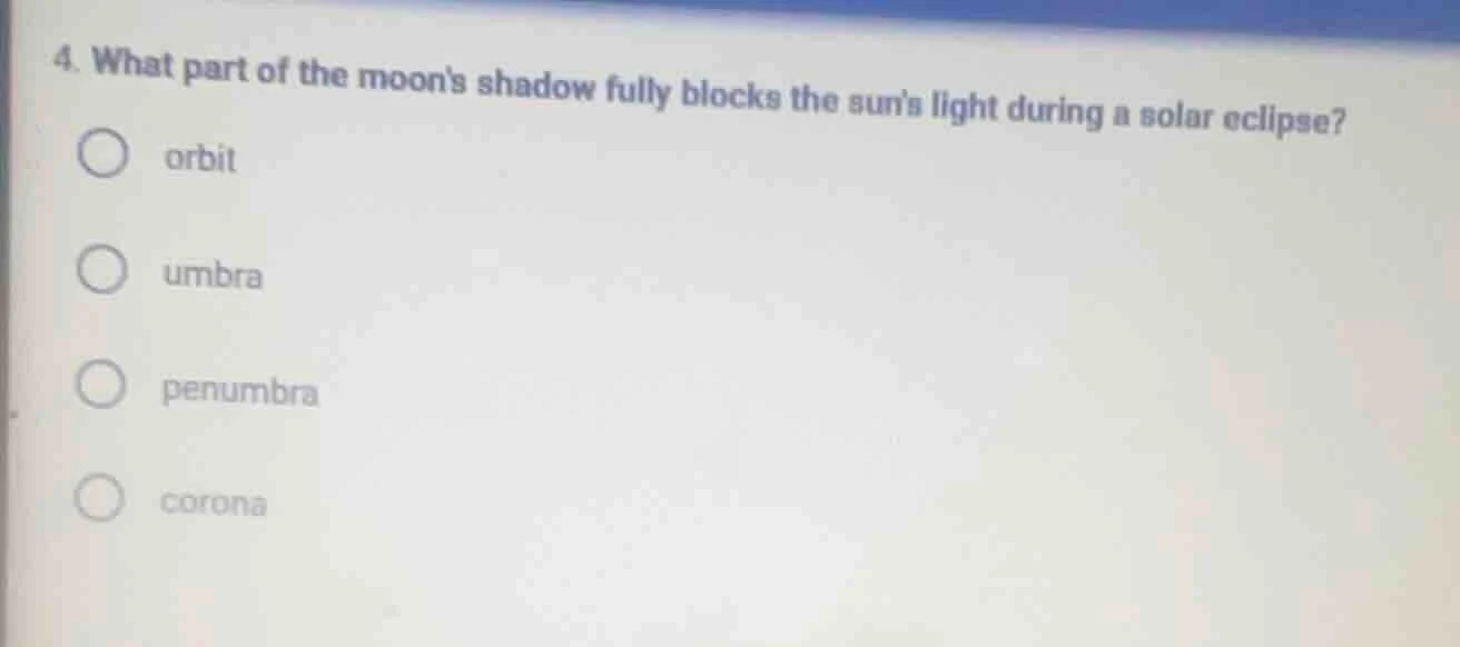 4. what part of the moons shadow fully blocks the suns light during a s…