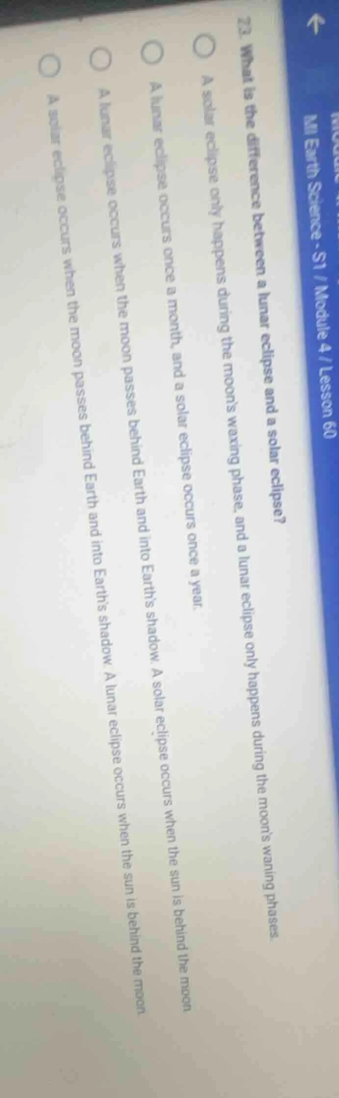 22. what is the difference between a lunar eclipse and a solar eclipse?…