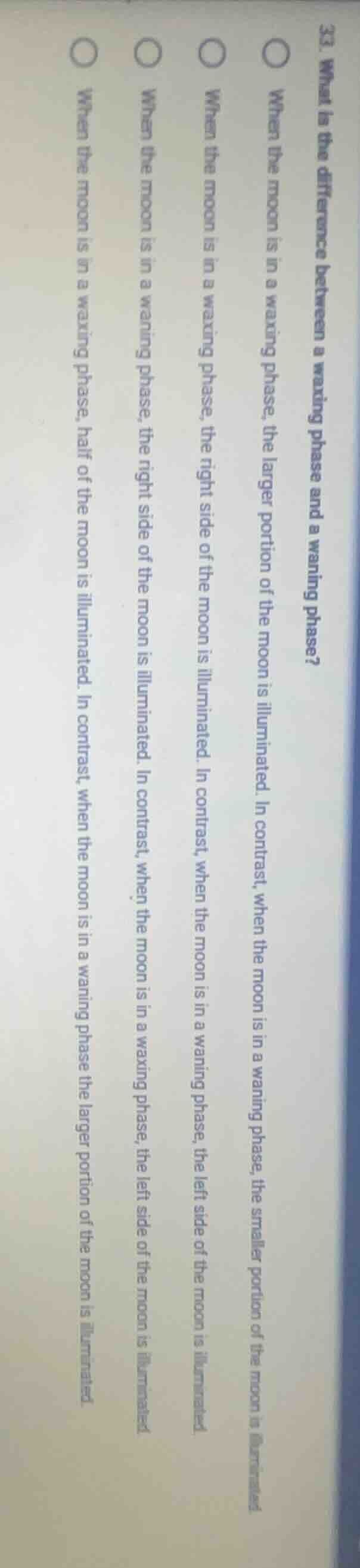 33. what is the difference between a waxing phase and a waning phase? w…