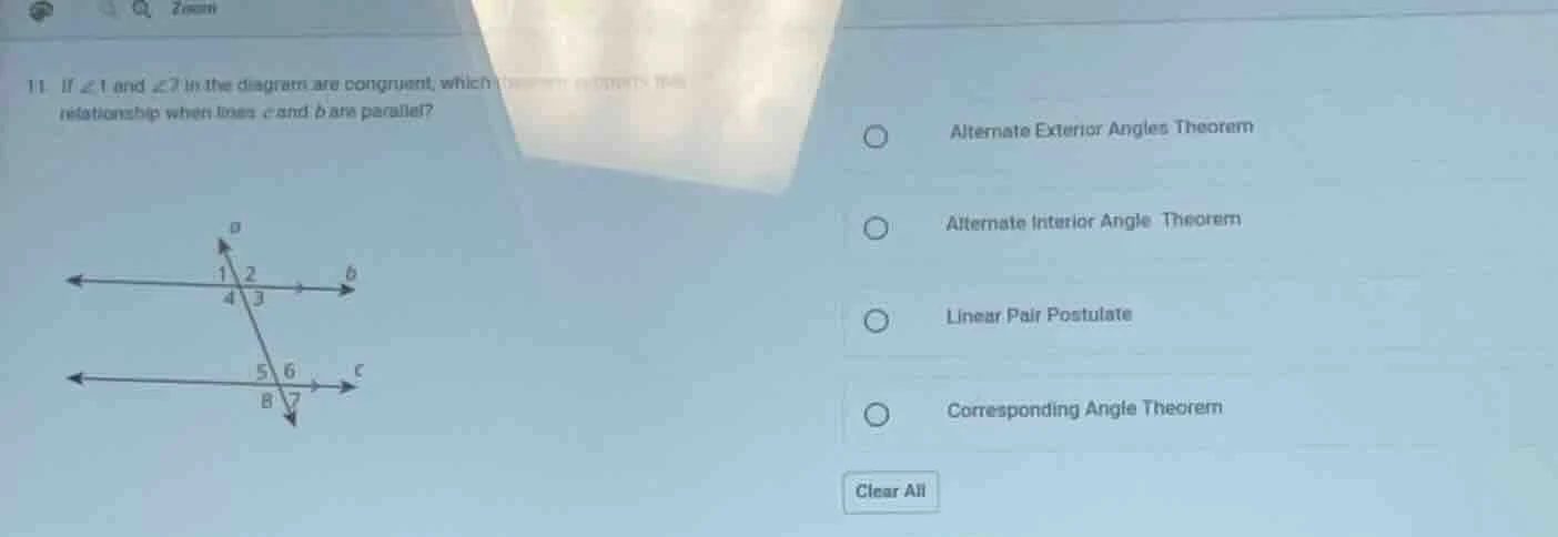 11. if $\\angle 1$ and $\\angle 7$ in the diagram are congruent, which …