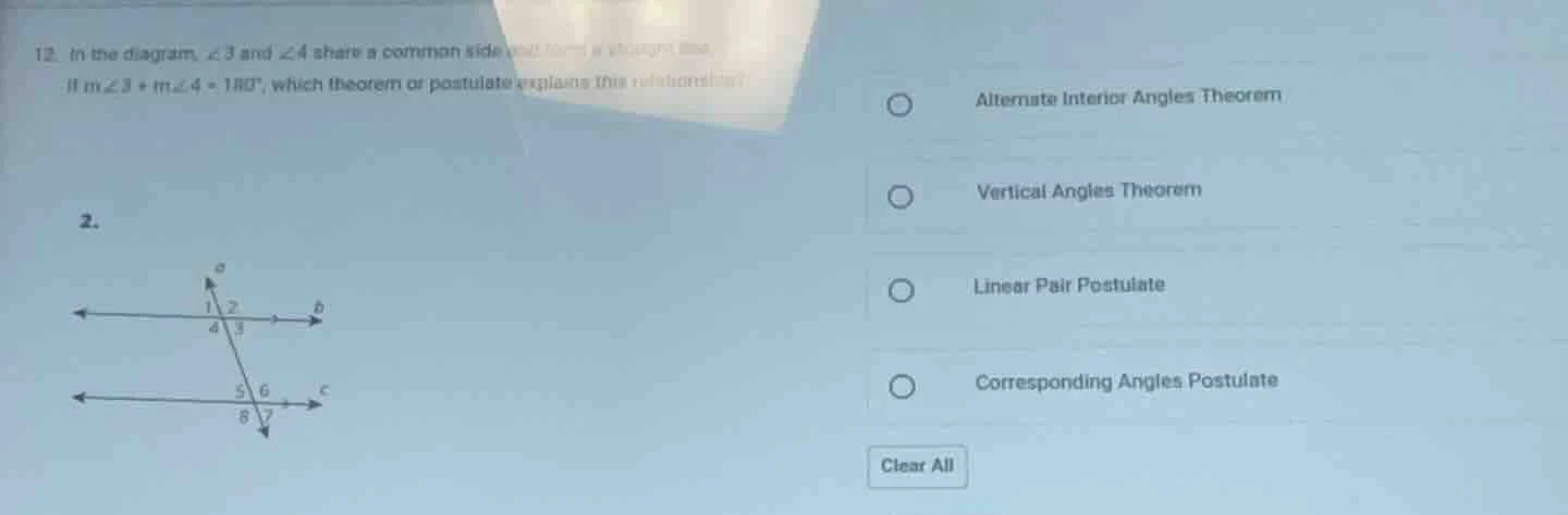 12. in the diagram, ∠3 and ∠4 share a common side and form a straight l…