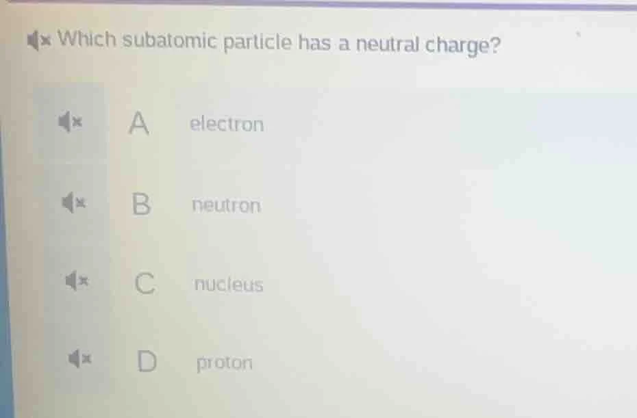 which subatomic particle has a neutral charge? a electron b neutron c n…