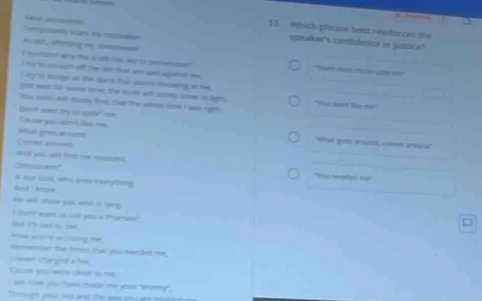 13. which phrase best reinforces the speakers confidence in justice? \d…